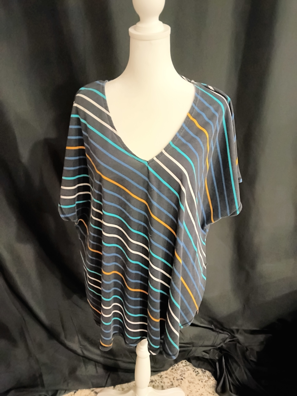 Livi Active V-Neck Short Sleeve Top in Charcoal with Blue, Teal & Gold Stripes